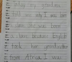 An elementary school scholar's handwritten note on slavery